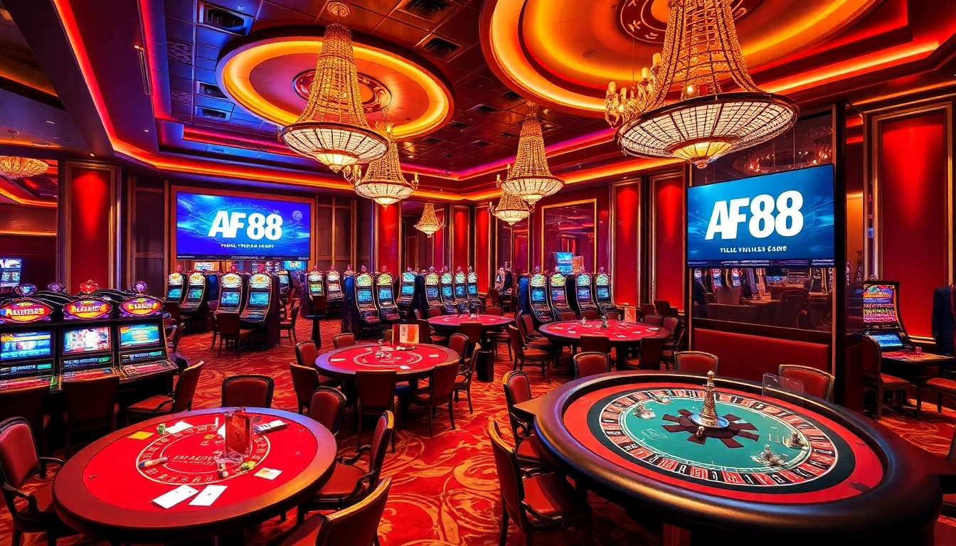 Players enjoying thrilling games at the prestigious AF 88 casino, featuring vibrant tables and slot machines.
