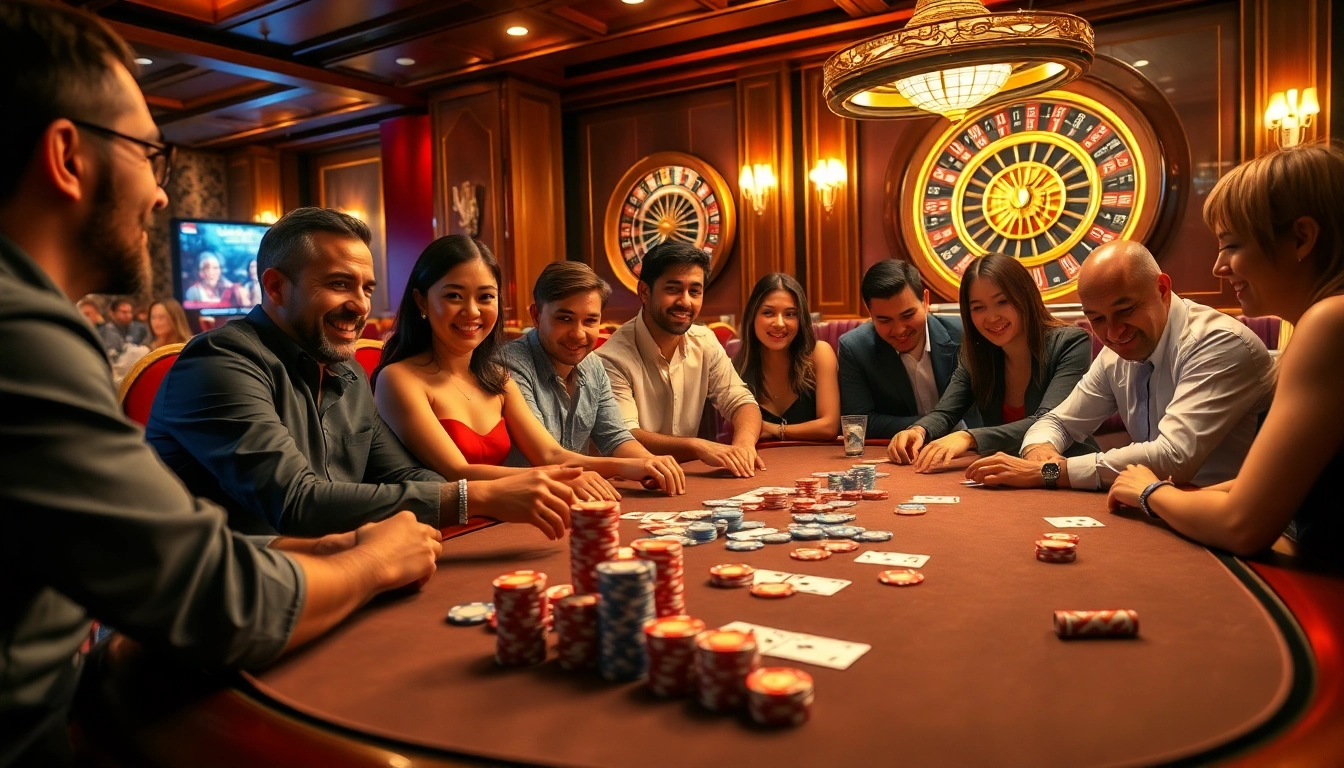 B52club poker players gathering around a luxurious table, with vibrant chips and cards in a thrilling casino atmosphere.