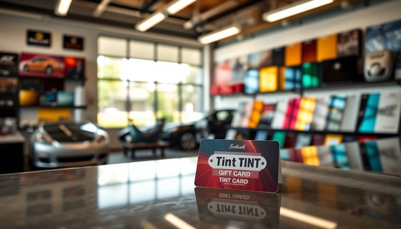 Present a window tint gift card elegantly displayed amidst colorful tint samples and natural light.