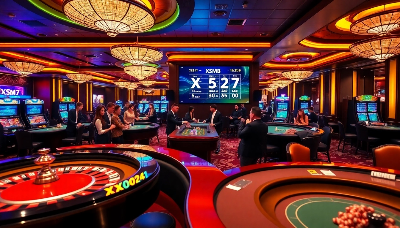 XSMB 247 results showcased in a glamorous casino with players at high-stakes tables.