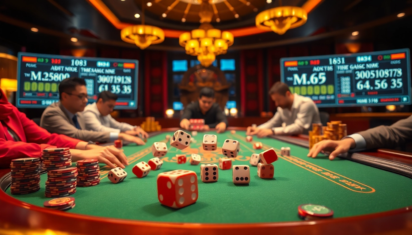 Exciting Tài Xỉu MD5 action at a casino table with vibrant dice and engaged players.