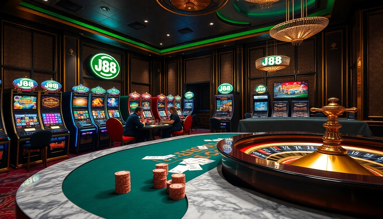 Experience the thrill of high-stakes gambling at J88 casino with vibrant slot machines and poker games.