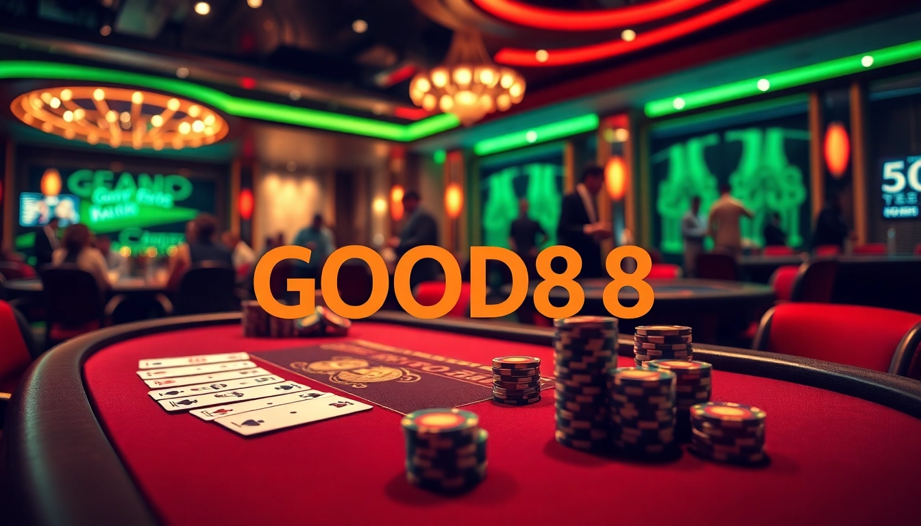 GOOD88 casino scene featuring an exciting poker table, professional chips, and a roulette wheel.