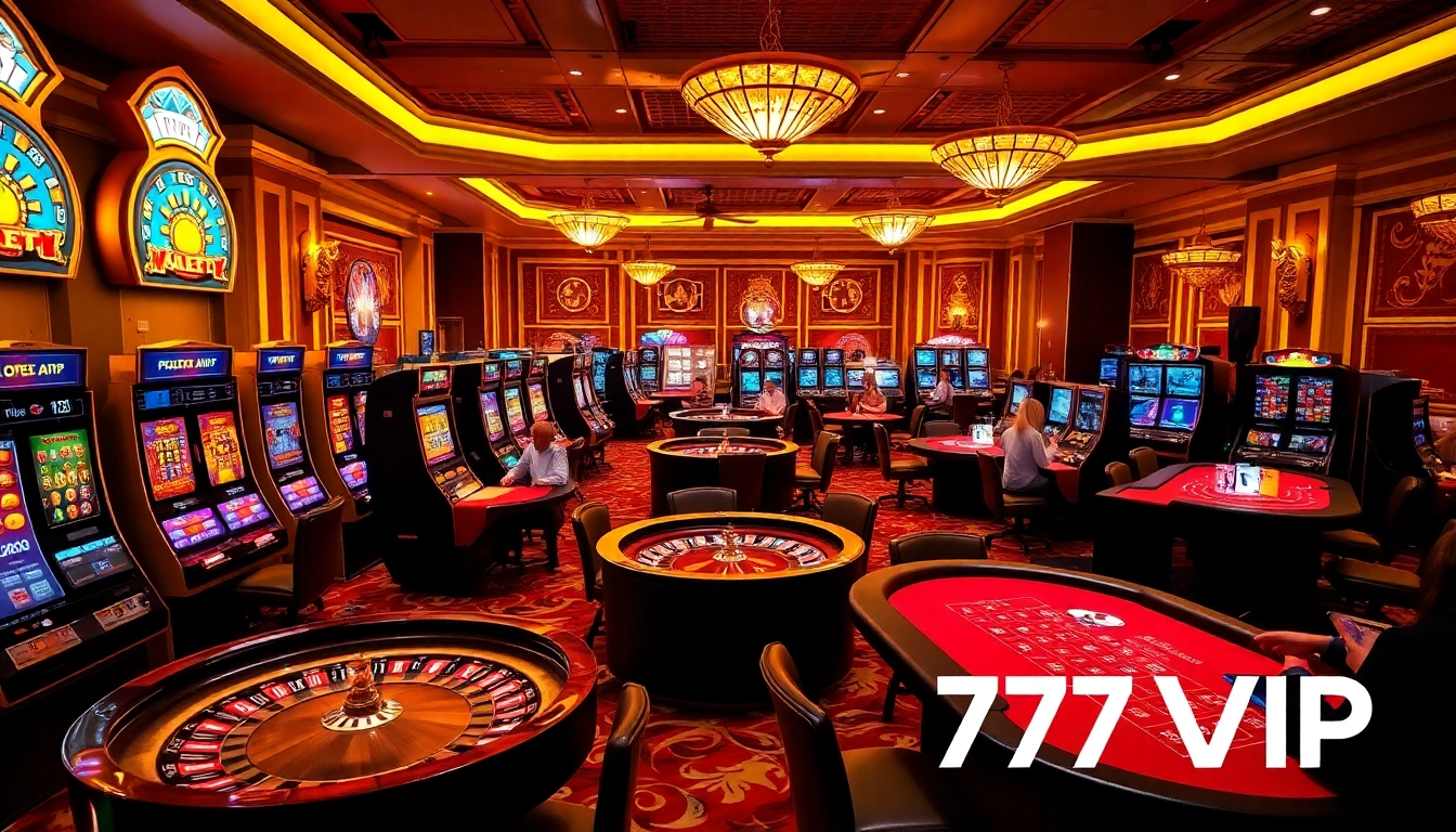 Engaged players at the 777VIP luxury casino, featuring vibrant slot machines and roulette.