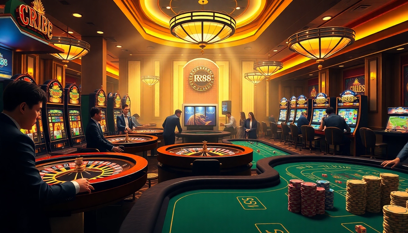 Players enjoying RR88 casino games surrounded by vibrant tables and slot machines.