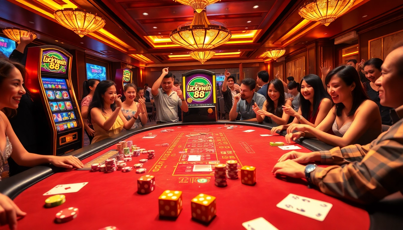Gamblers enjoying thrilling moments at Luckywin 88 casino with vibrant slot machines and colorful chips.