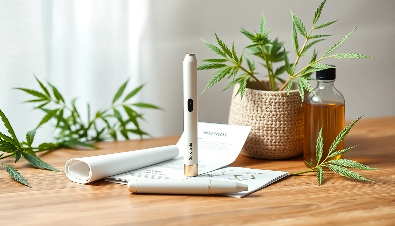 皮肤护理用痣斑笔，搭配CBD油和大麻叶，营造养生场景。