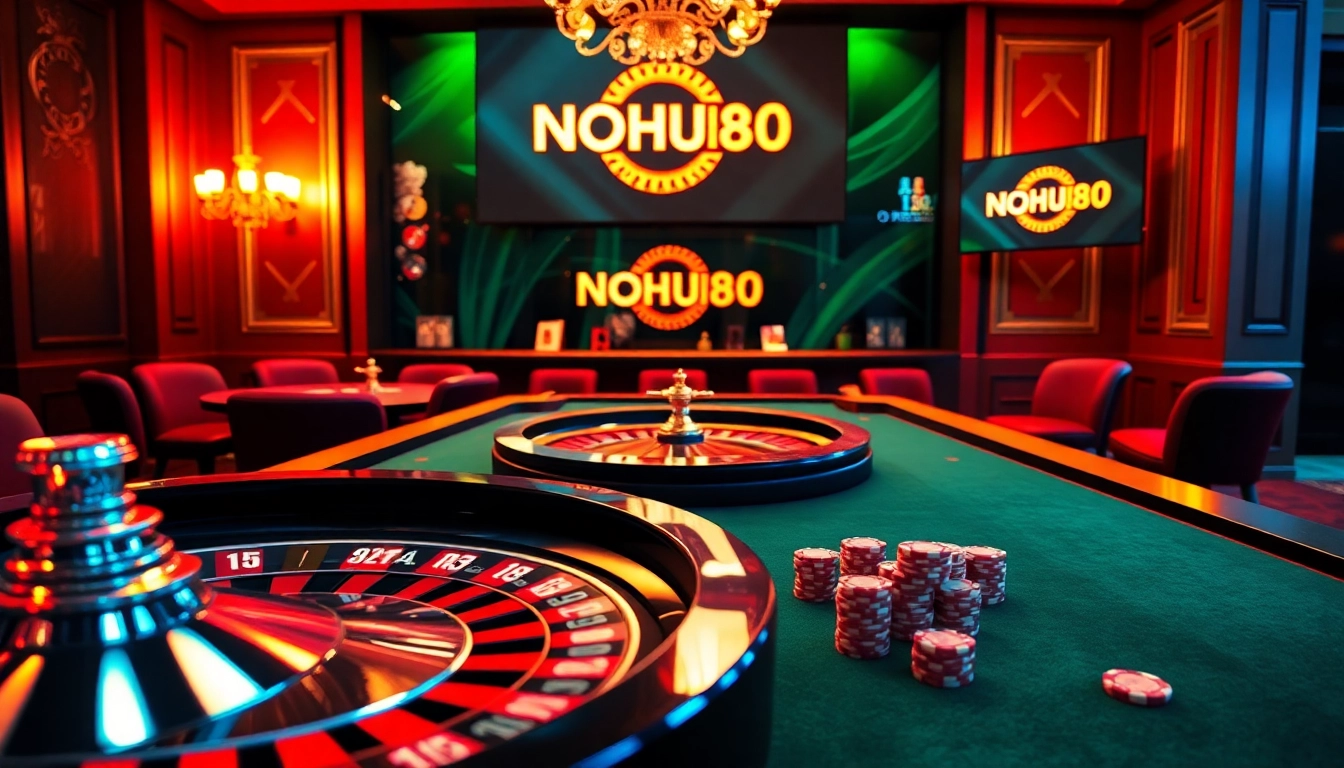 Players engaging in thrilling casino action with NOHU90's logo prominently displayed on luxurious gaming setup.