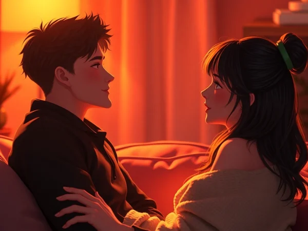 Engaging moment between NSFW character AI personas in a cozy, romantic setting.