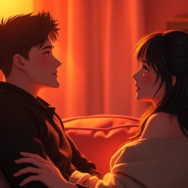 Engaging moment between NSFW character AI personas in a cozy, romantic setting.