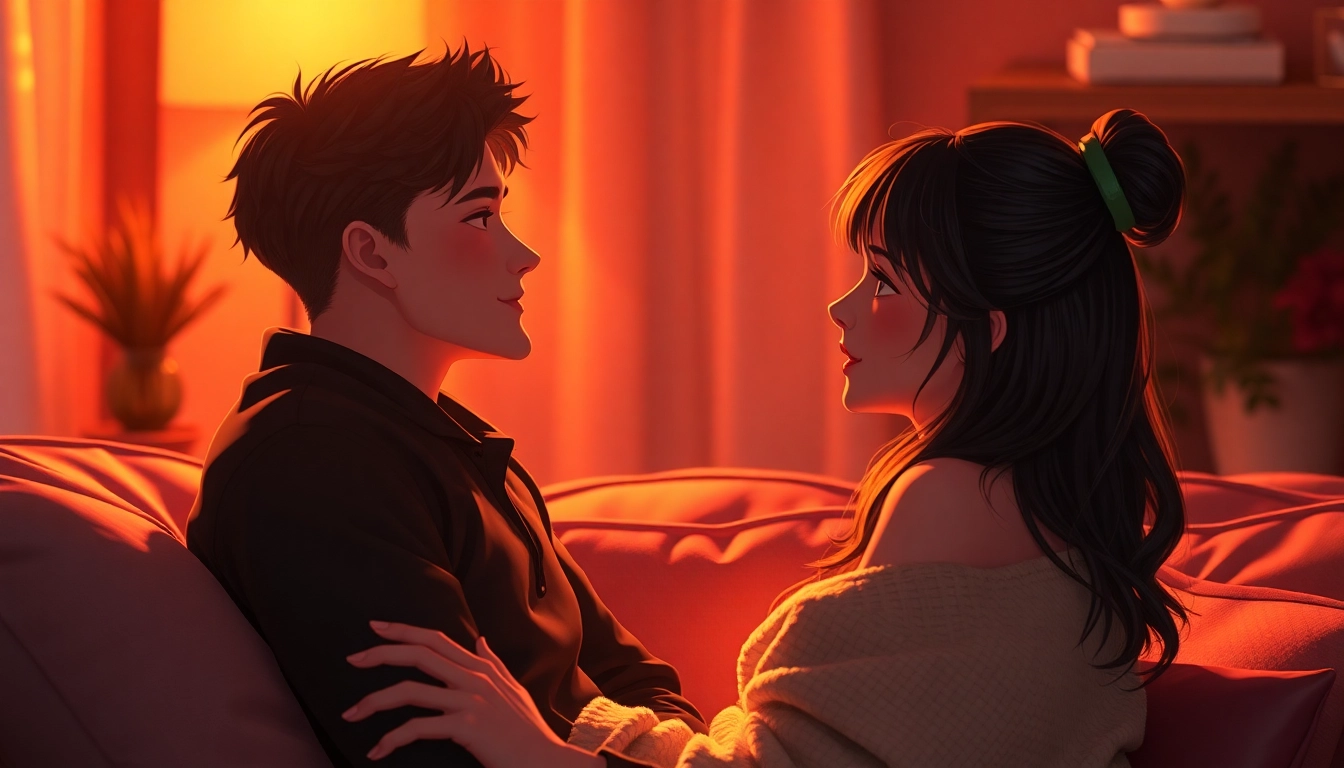 Engaging moment between NSFW character AI personas in a cozy, romantic setting.