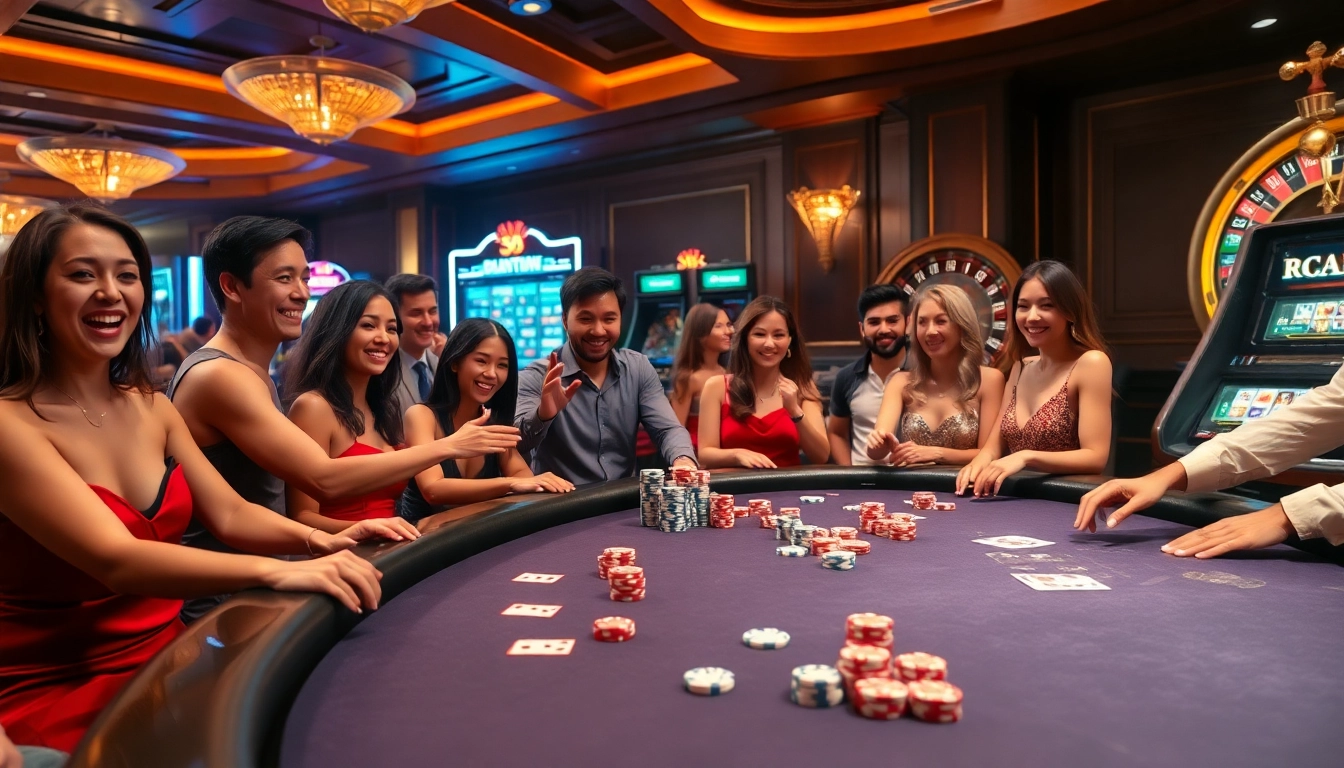 S8 players engaging in a thrilling poker game with vibrant casino elements