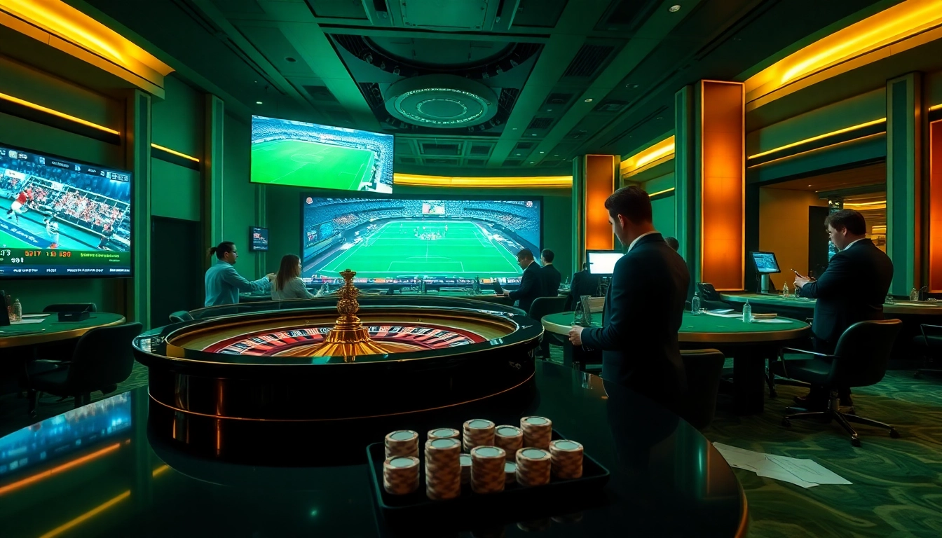 Thrilling Thể Thao Da88 betting scene featuring a vibrant casino atmosphere with roulette tables and live sports displays.