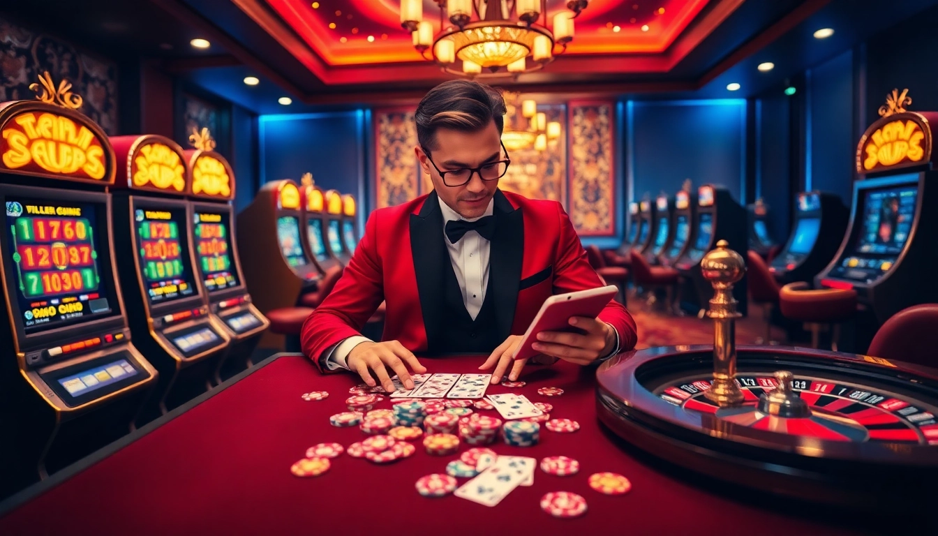 Experience idnslot excitement at a luxurious casino with vibrant slot machines and gaming tables.
