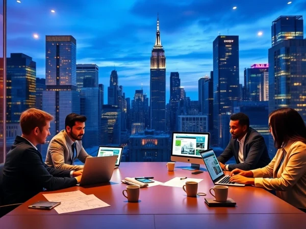 Dynamic professionals collaborating on Custom website design NYC in a modern NYC setting.