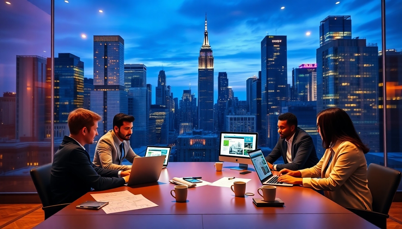 Dynamic professionals collaborating on Custom website design NYC in a modern NYC setting.