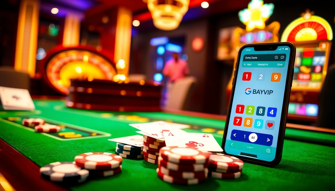 Bayvip slot machine and poker table set in a luxurious casino environment.