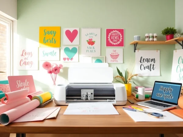 Cricut SVG designs displayed in a creative workspace with vibrant colors and crafting tools.