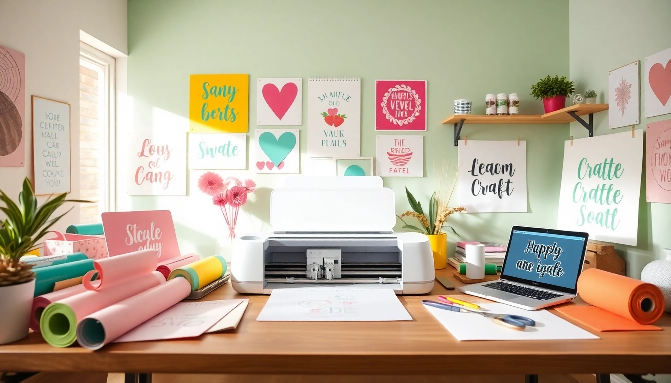 Cricut SVG designs displayed in a creative workspace with vibrant colors and crafting tools.