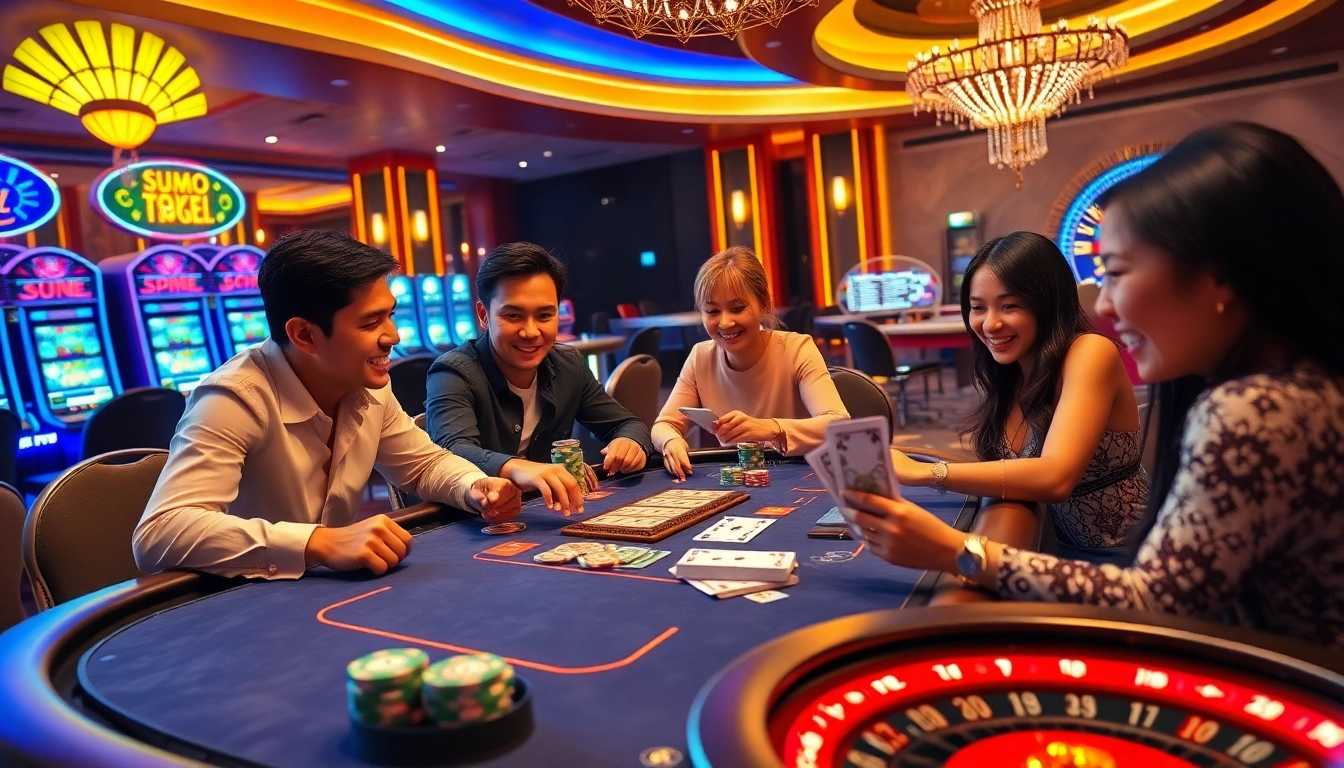 Pemain terlibat dalam aksi Sumo Togel di meja kasino mewah dengan elemen berwarna-warni.