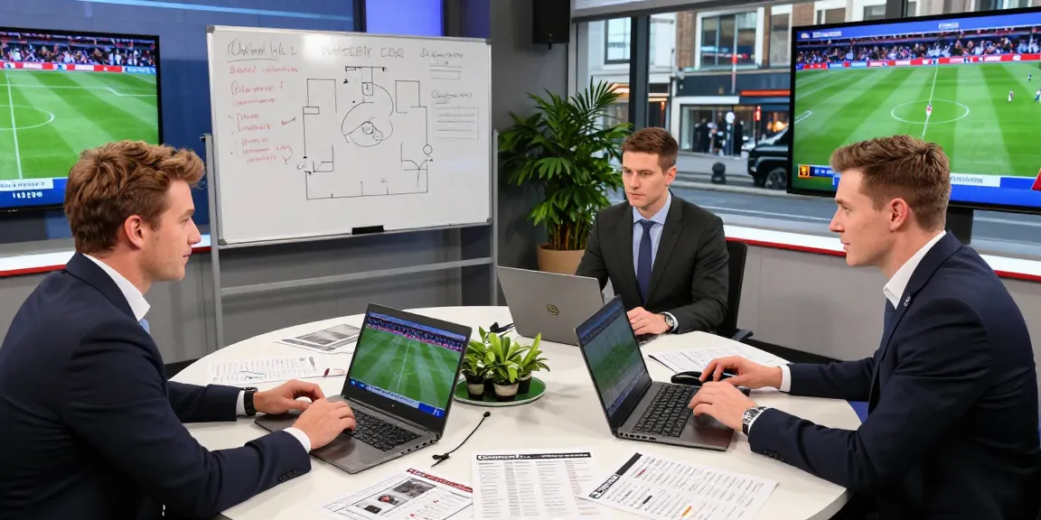 Football analysts discussing live statistics from https://footballstandings.tv/ in a lively newsroom.